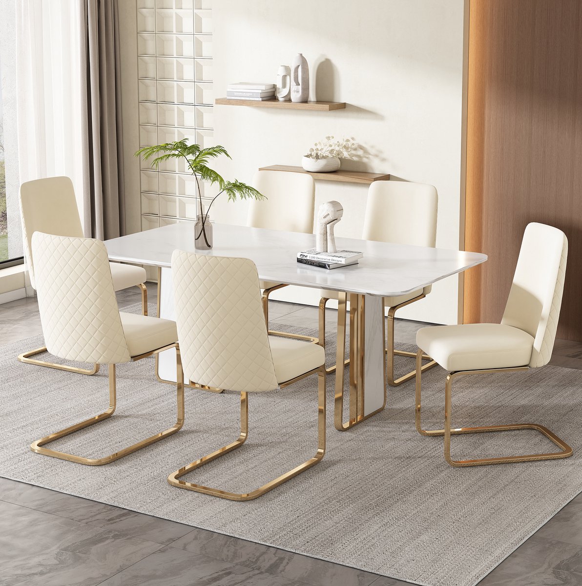 MIVRAY Eetkamerstoel - 45 x 52 x 88 cm - Set Van 6 Met Diamant Rugleuning En Comfortabele Zitting - Voor Eetkamer En Woonkamer - Velvet Beige