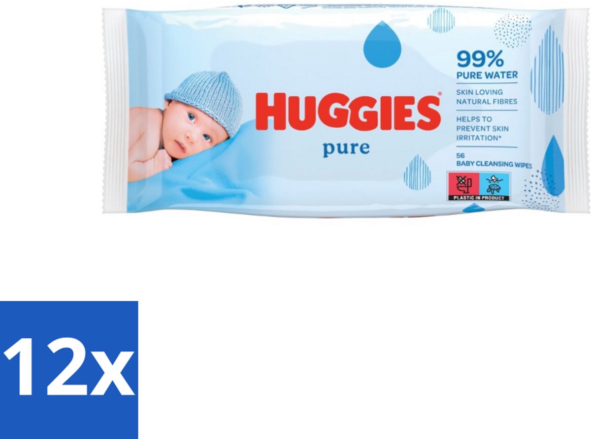 12 x Huggies - Billendoekjes - Pure - Tegen Huidirritaties - 56 Babydoekjes - Babydoekjes - Billendoekjes - Zachte Babydoekjes - Hypoallergene Babydoekjes - Babyhuid