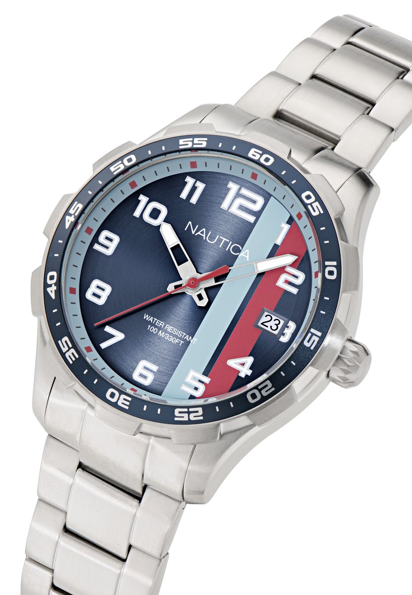 Nautica Nst Quartz Analoog Horloge Zilvertint En Blauw Kast: 100% Roestvrij Staal | Armband: 100% Roestvrij Staal 44 mm NAPNSS610
