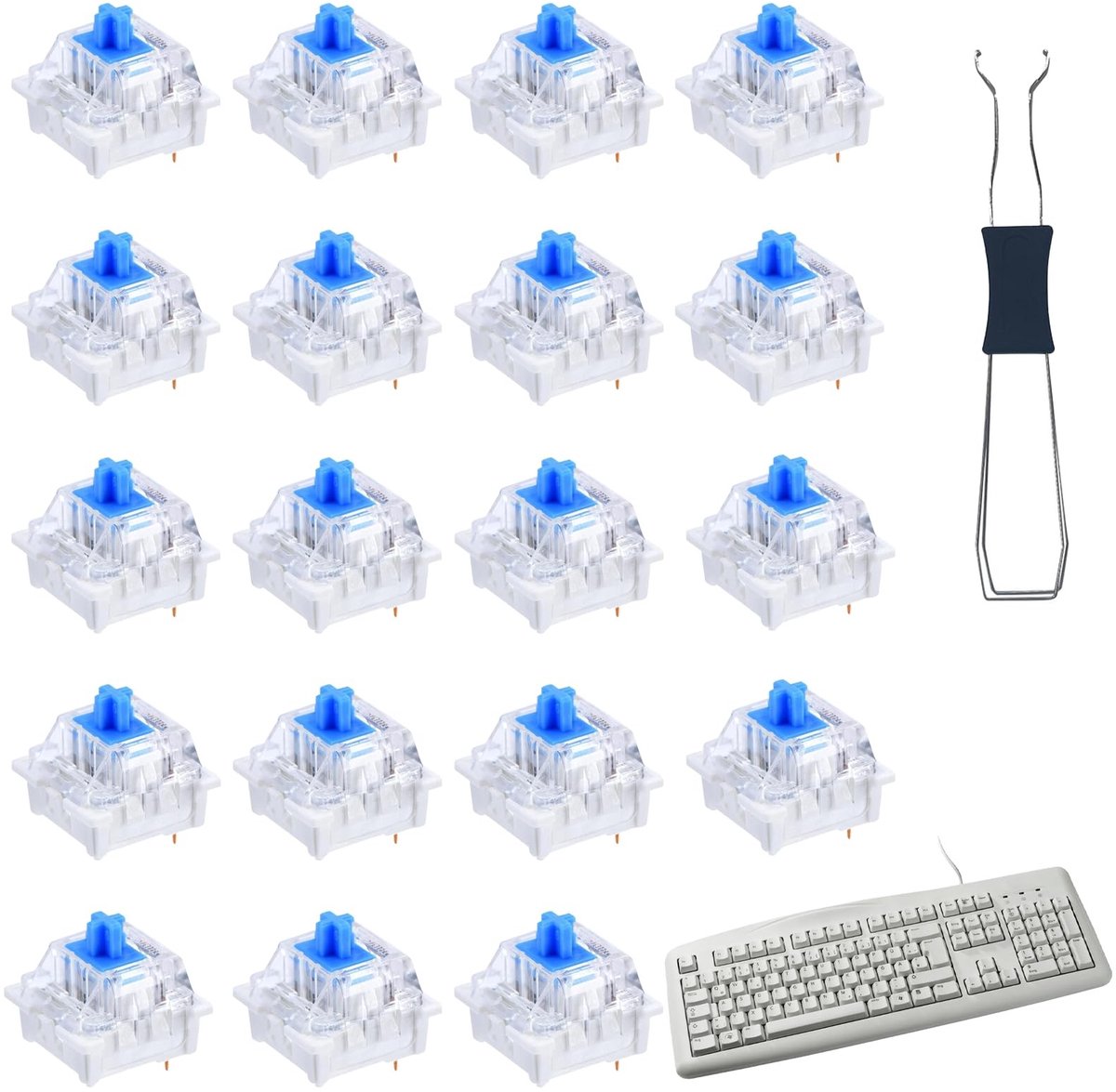 Elzusha- Asschakelaars 20 stuks - Transparante Blauwe Schakelaars - 3-polig - Stofdicht - Mechanisch Toetsenbord - PC Materiaal - 1,7 x 1,5 x 1,5 cm - Toetsenbordschakelaars