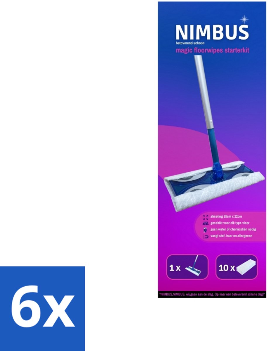 6 x NIMBUS Magic Vloerdoek Starterkit 1 Dweil + 10 Droge Vloerdoekjes 1 set - Vloerwisser - Droge Schoonmaakdoekjes - Schoonmaken - Huisdierhaar - Stof Vangen