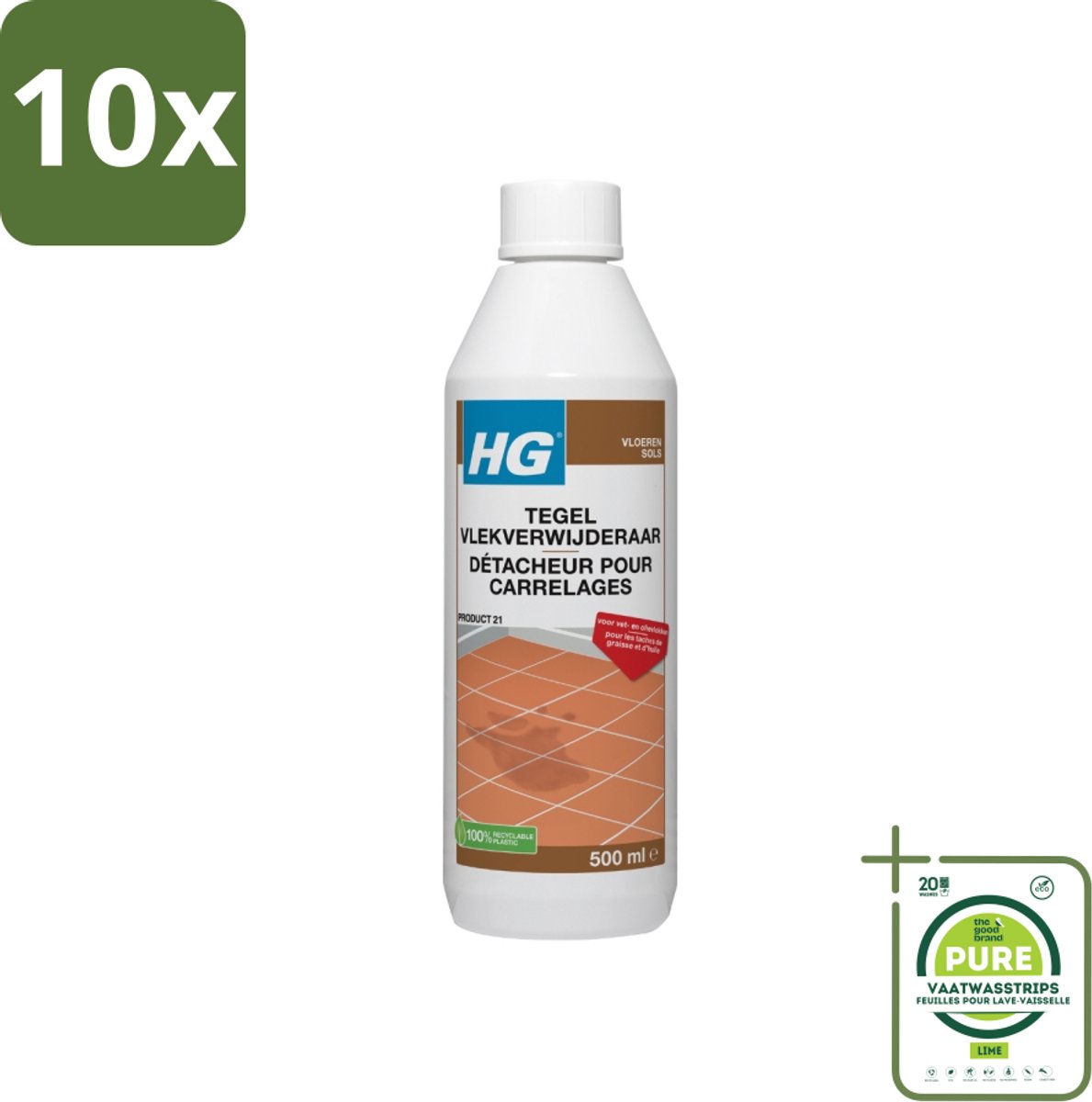 10 x HG - Vloeren - Tegel Vlekverwijderaar - Voor Vet & Olievlekken - 500 ml - Grootverpakking - Tegelreiniging - Vlekkenverwijderaar - Vetvlekken - Olievlekken - Vloervlekken
