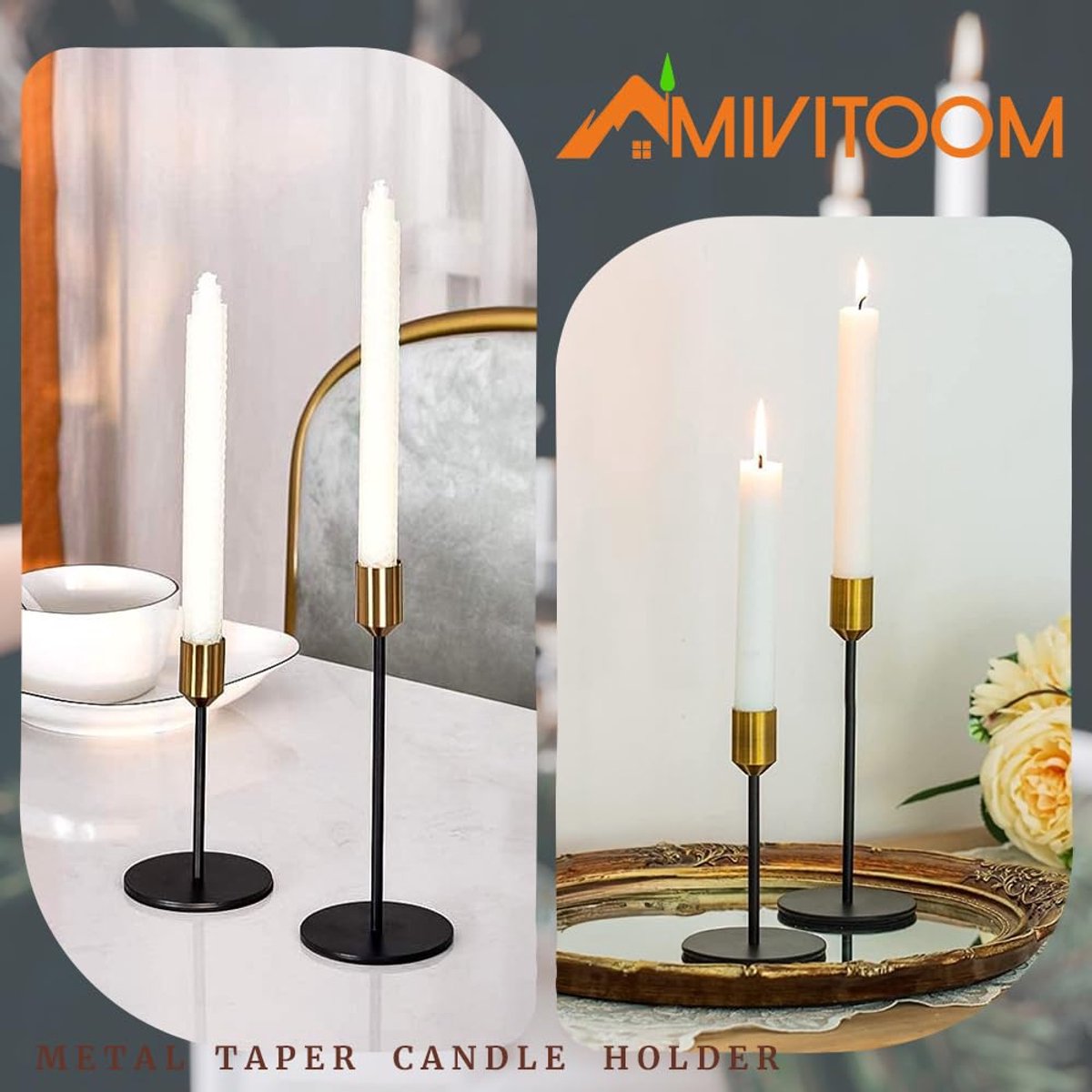 2 stuks zwart gouden kaars kandelaar houders - past 0,9 inch taps toelopende kaars pilaar houders stands, vintage - ShopVlot