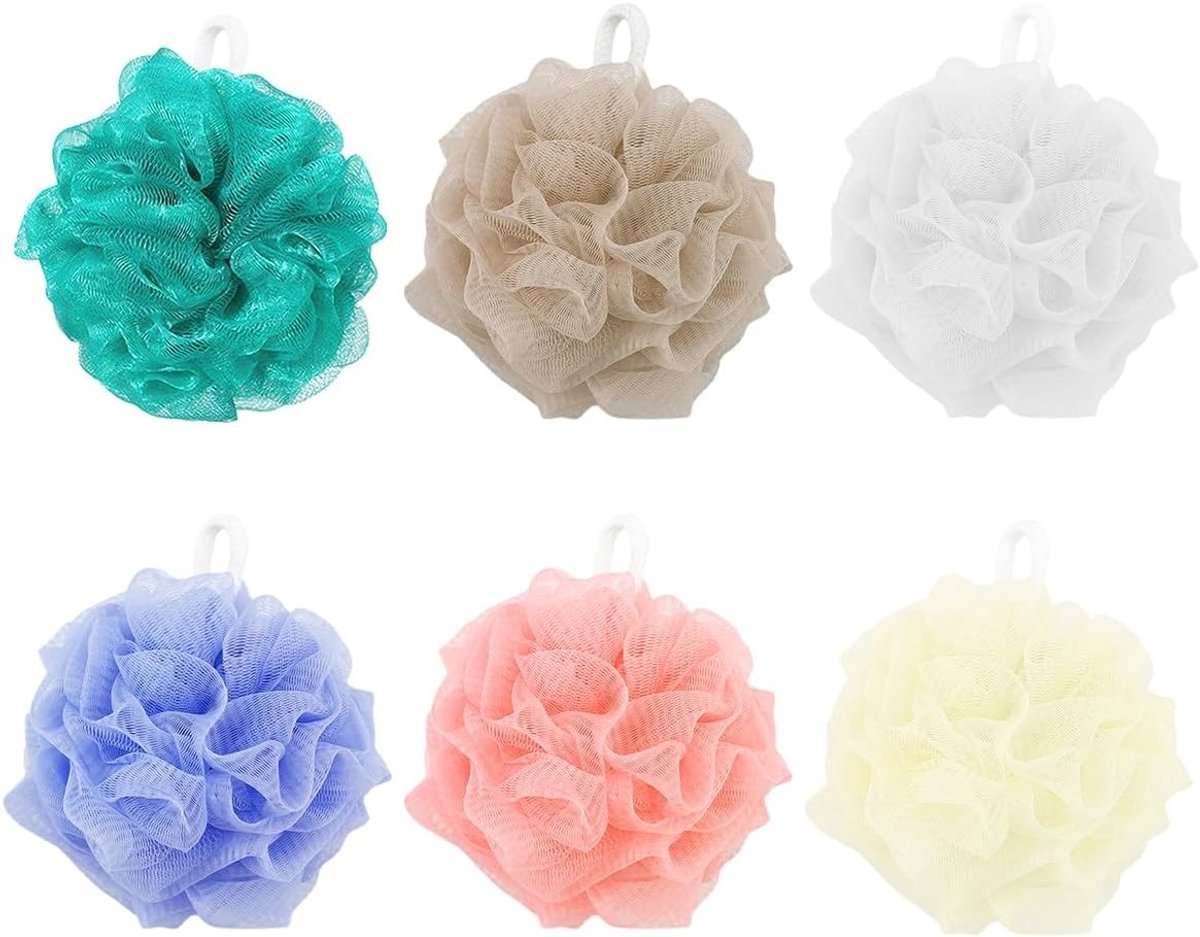 6-delige set mesh schuim douche sponsen, duurzame luffa spons voor peeling, massage en lichaamsreiniging, ideaal voor een verfrissende douche ervaring en scrubben van de huid