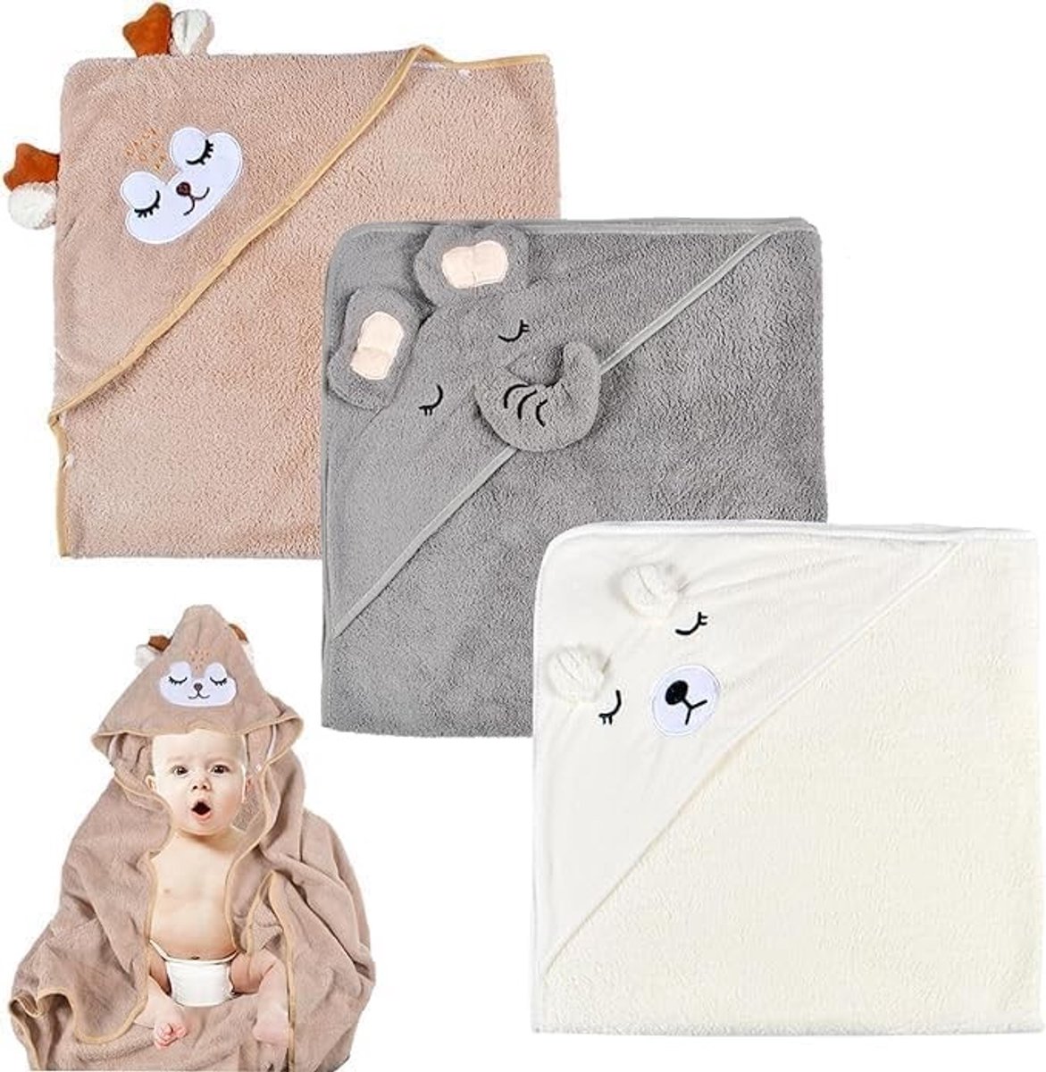 Elzusha - Kinderhanddoek met Capuchon, Set van 3 Dierenpatronen