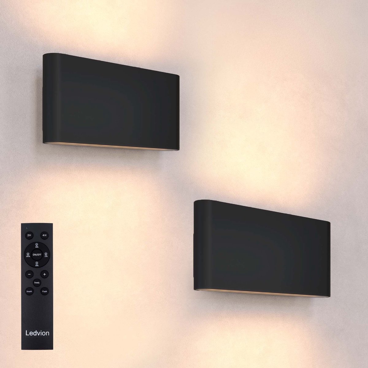 Ledvion - 2x USB Oplaadbare Wandlamp met Afstandsbediening - Zwart - Draadloos - Dimbaar - 2700K - 4400 mAh - Ovaal - Binnen & Buiten