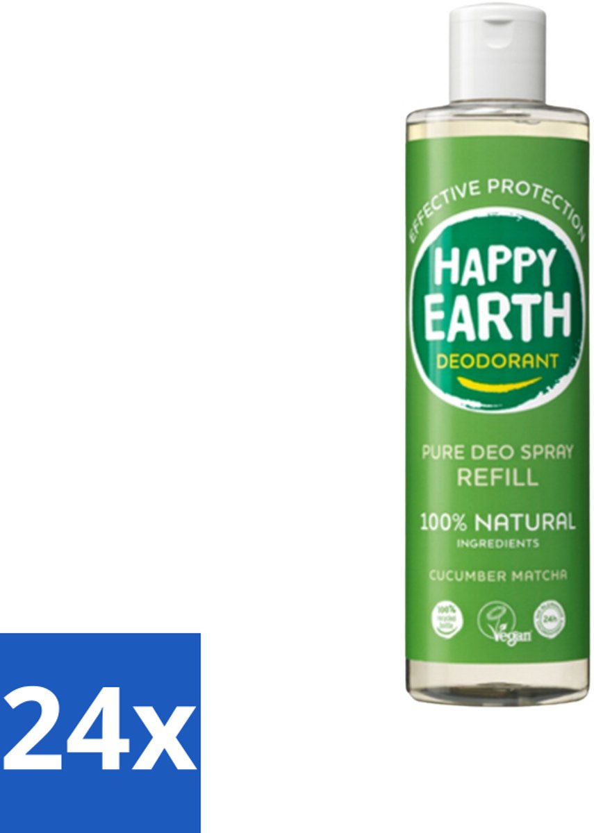 Happy Earth – Deodorant Spray Navulling – 100% Natuurlijk Cucumber Matcha – 300 ml - Voordeelverpakking - 24 stuks