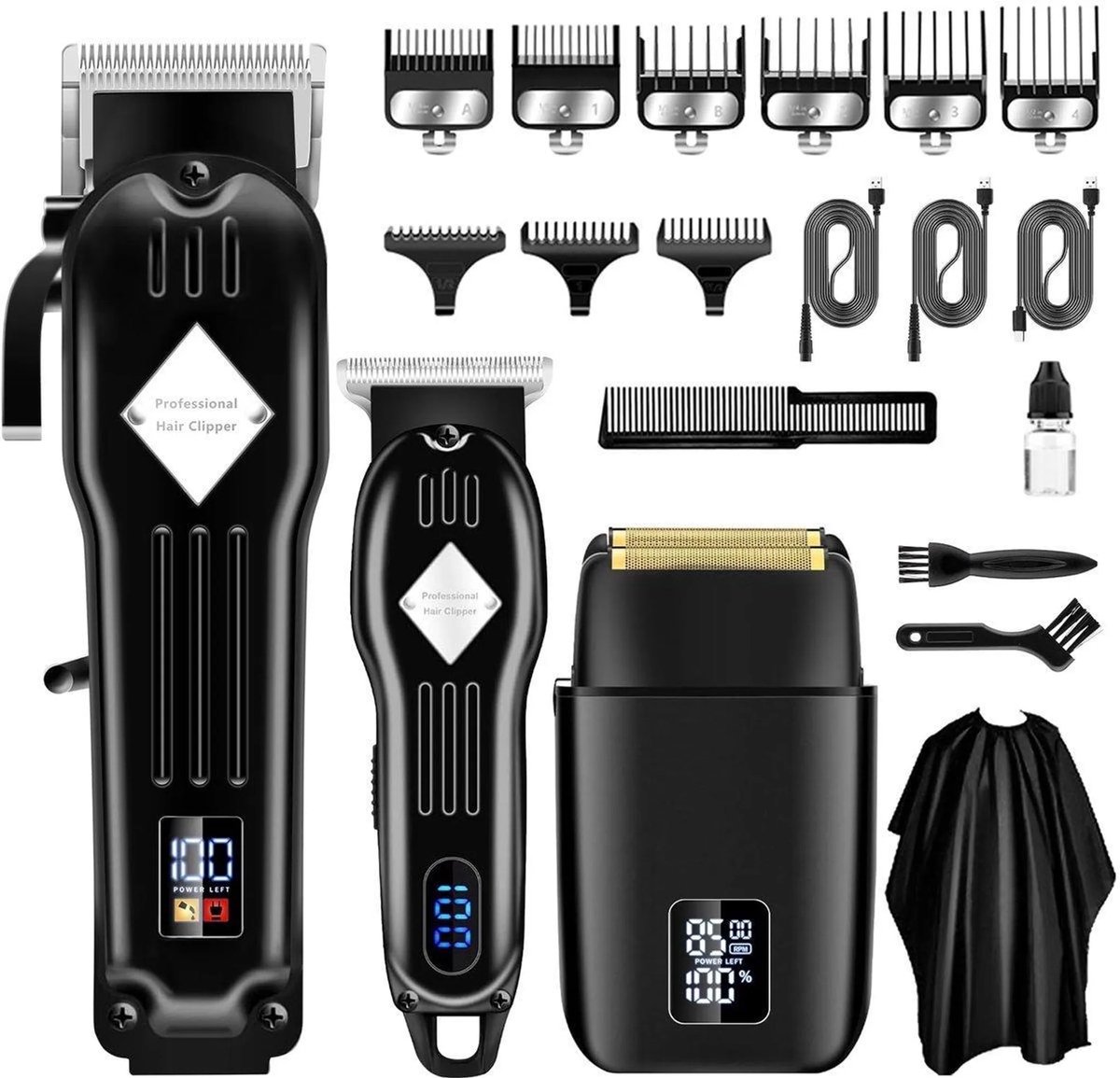 Tondeuse mannen-Baardtrimmers-Professionele Draadloze Tondeuse-Kappersmantel-Baardverzorgings set-voor Thuis, Kapper-Zwart