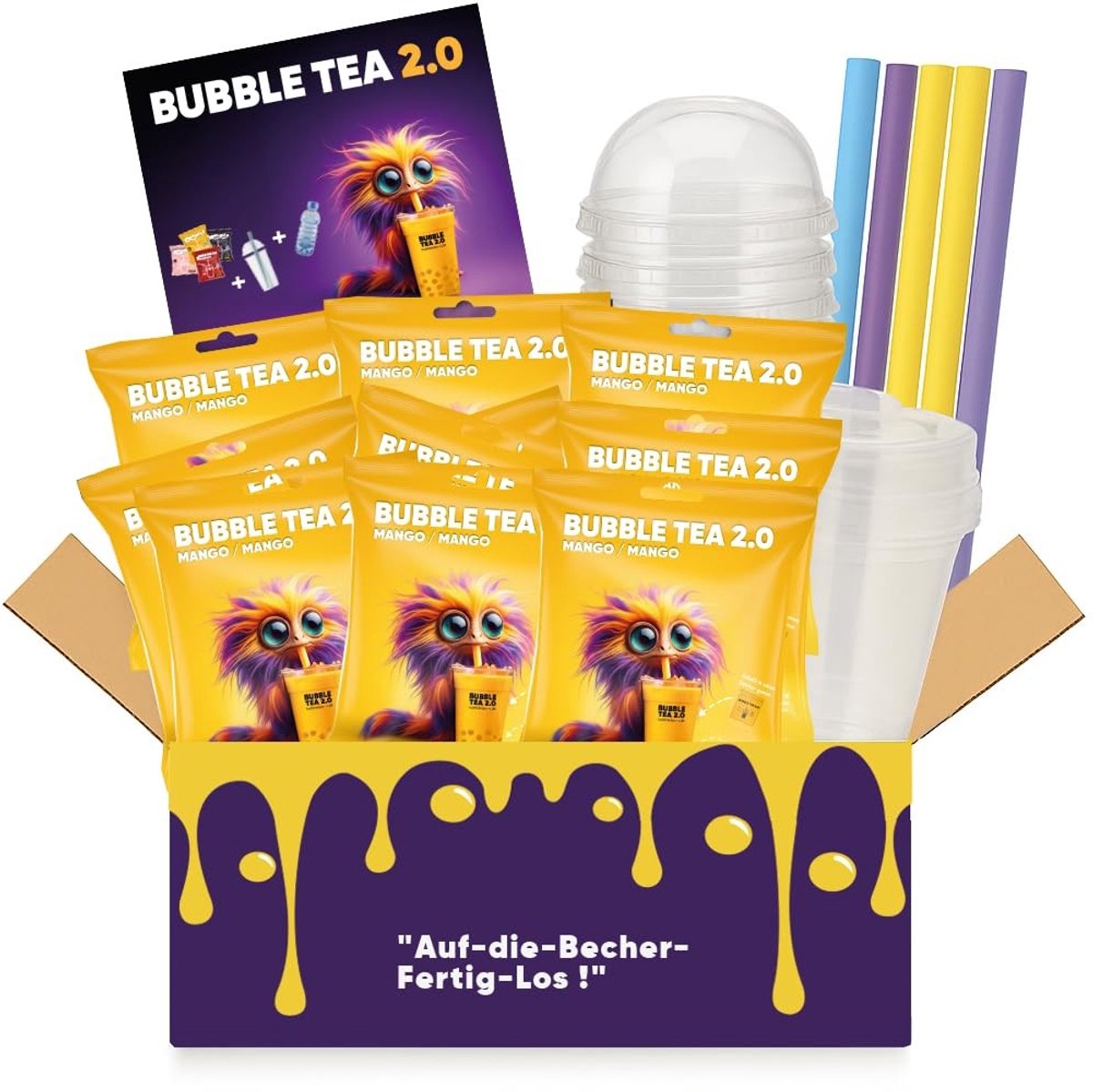 Elzusha- Bubble Tea Set 2.0 - Mango Smaak - 10x 110g Beutel - 10 Bekers met Deksel - 10 Rietjes - Duurzaam en Recyclebaar - Thee