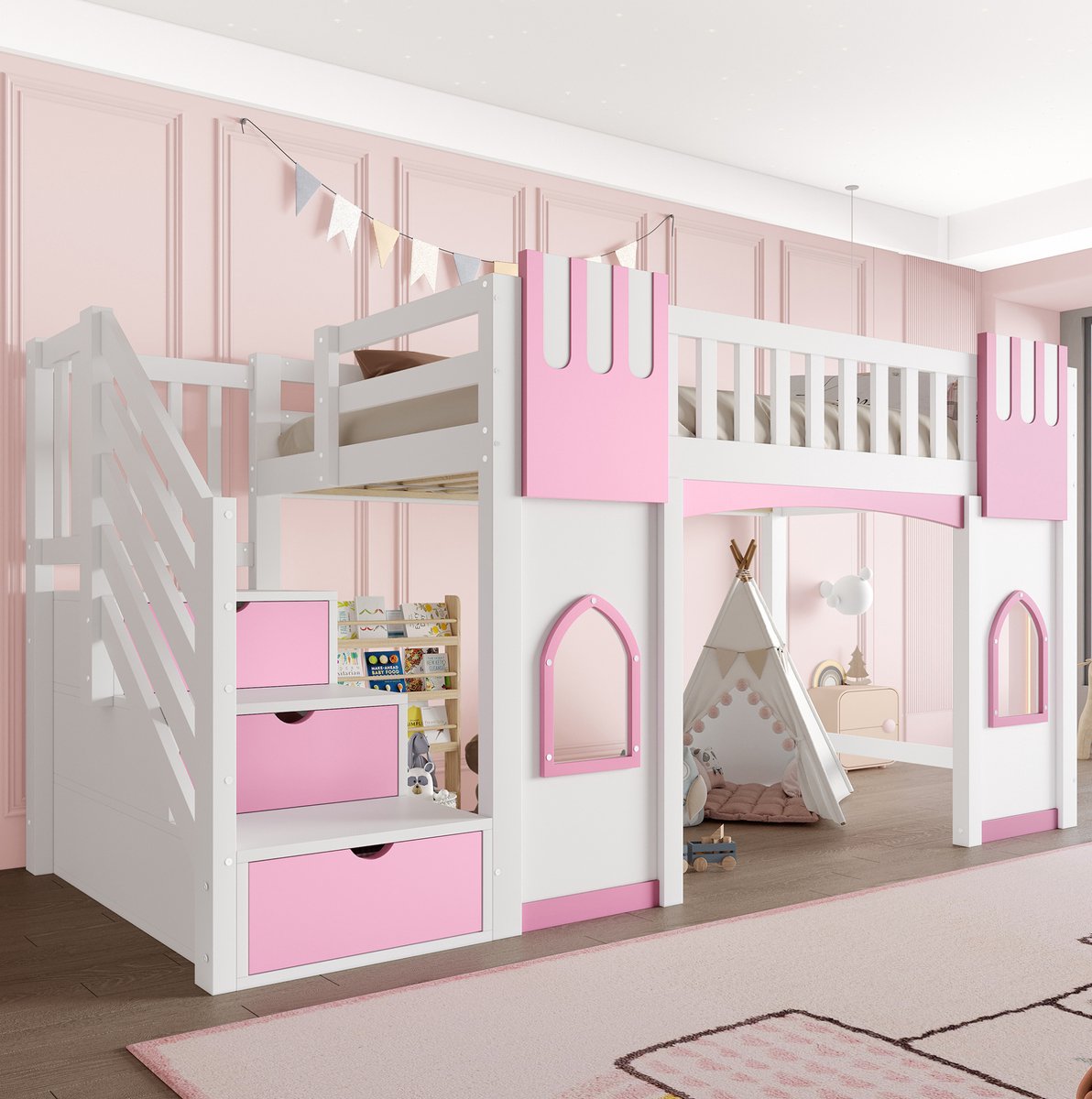 Wishdor Hoogslaper 90x200 cm - Met stauraumtreppe en ramen - Met uitvalbeveiliging en lattenbodem - Wit roze - Kinderen slaapkamer speelkamer - MDF hout - 253 x 95 x 127,5 cm