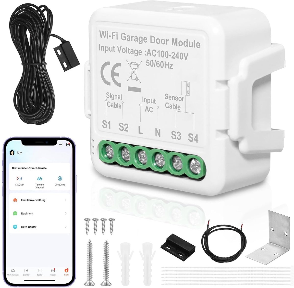 Slimme Garage Deuropener met WiFi en Tuya App Controle, Compatibel met Alexa en Google Assistant, Eenvoudige Installatie en Geen Hub Vereist