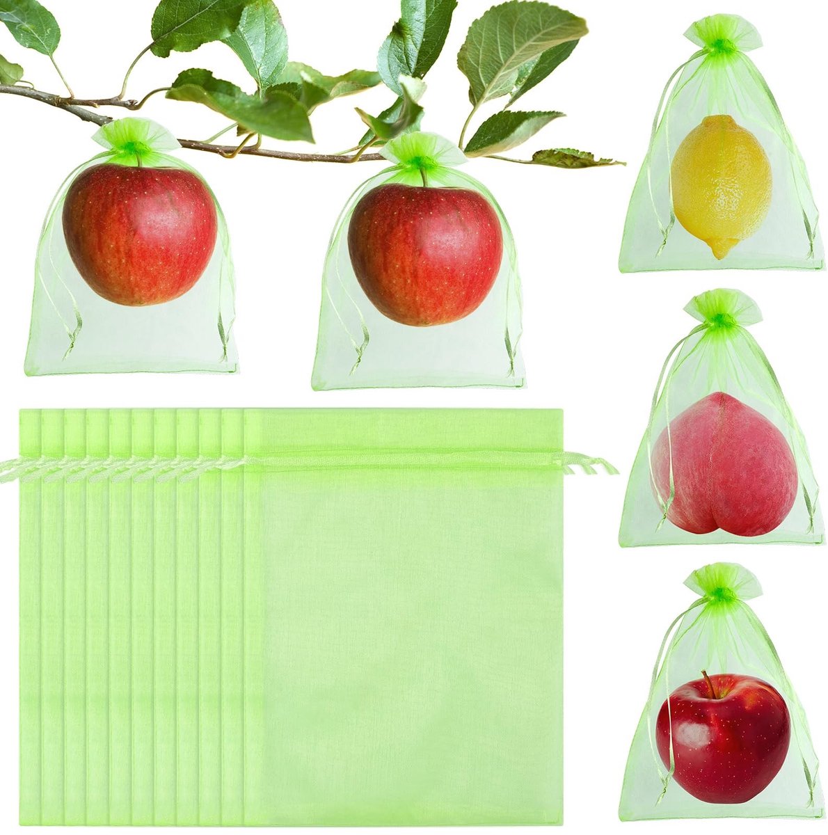 Elzusha- Beschermzakken 60 Stuks - Herbruikbaar Gaas - 15 cm x 20 cm - Tuingaas met Trekkoord - Duurzaam Organza - Geschikt voor Fruitbomen - Fruitnetzakken