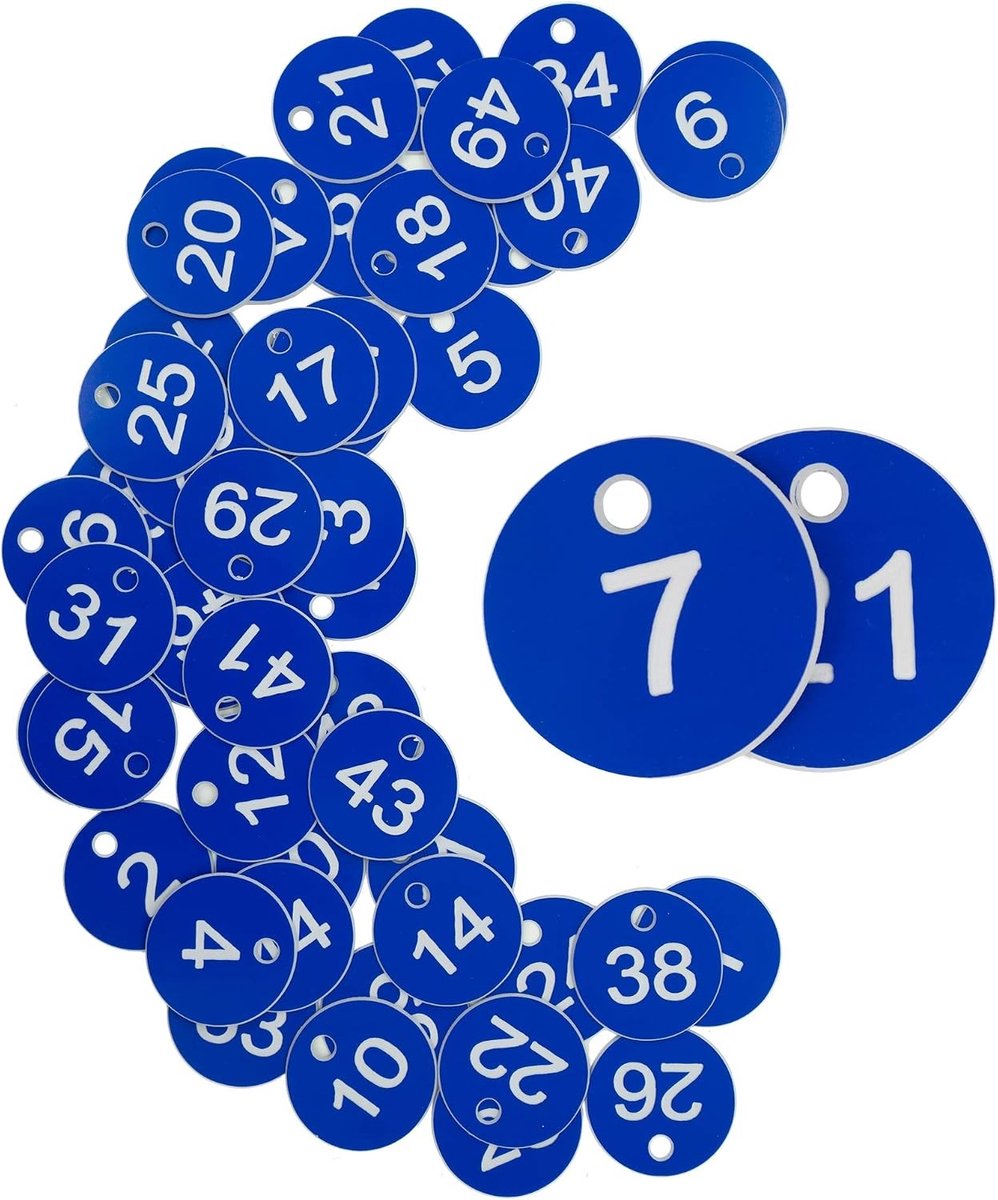 Gegraveerde identificatietags in blauw, nummering van 1-200, sleuteltags voor organisatie en labeling