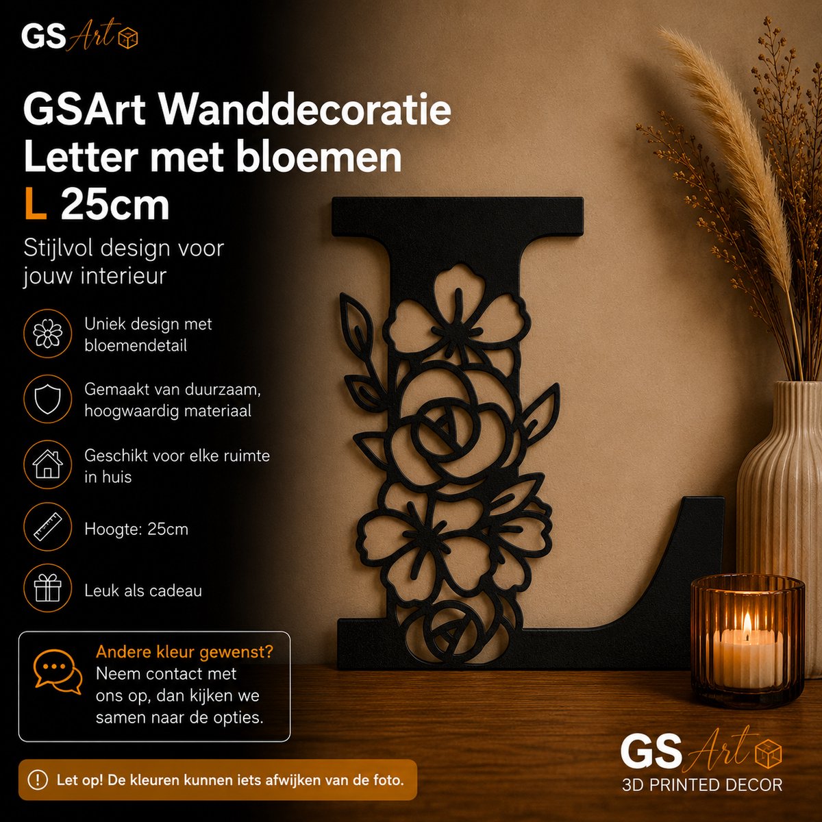 GSArt Wanddecoratie Letter met Bloemen – 25 cm - L