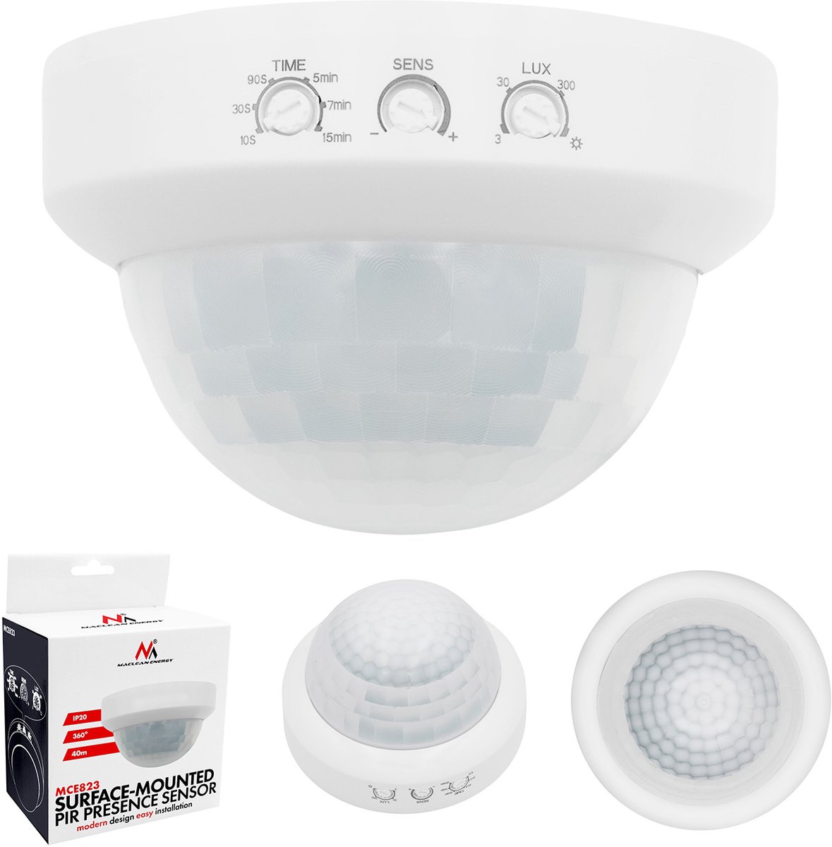 Maclean - Bewegingsmelder - PIR-aanwezigheidssensor, opbouwmontage, bereik 10x40 m, 1000 W/2000 W, 220-240 V AC, 50/60 Hz, MCE823
