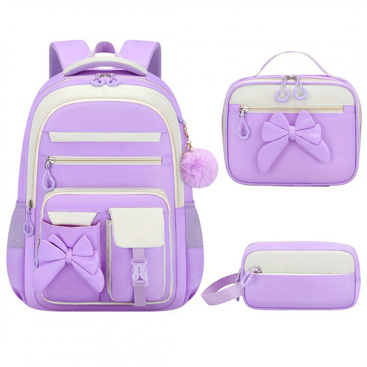 Schooltas voor meisjes - 3 delige schooltasset voor kinderen - Rugzak kind- met lunchtas en etui - schattige vlinder schooltas - Oxford stof - geschikt voor basisschool- en middelbare scholieren - 30*10*45 cm - Paars