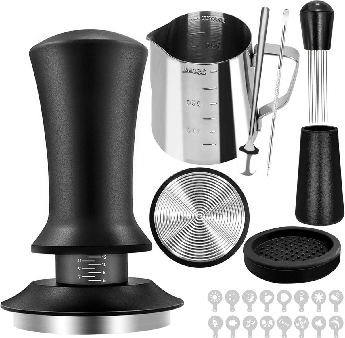 casalora - Koffie stamper set - Barista accessoires - Espresso Sabotage - 51mm Espresso - Koffie Roerder - Melkkan - Sabotage Mat - Barista handdoek - Latte Art Pen - 16 Decoratieve