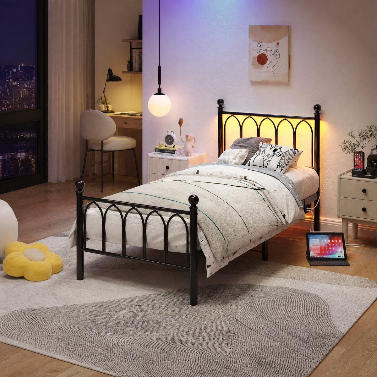 Wishdor Eenpersoonsbed 90x200 cm - Hoog hoofdbord en voeteneind - LED verlichting en USB-aansluiting - Opbergruimte onder bed - Vintage stijl - Metaal en MDF - Zwart