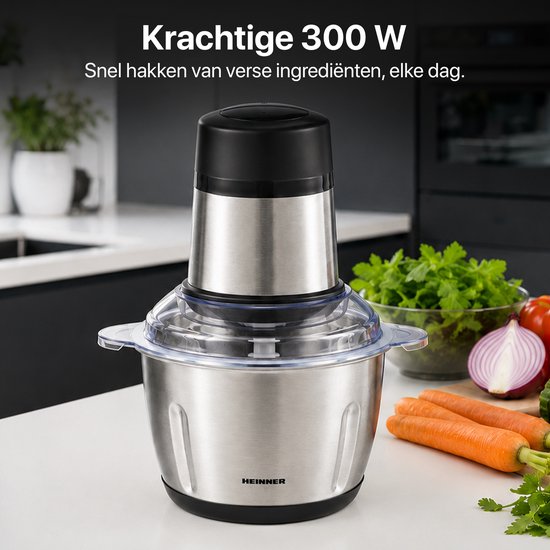 Heinner Elektrische Hakmolen - 300 W - RVS-kom 2 L - 4 RVS-messen - 2 Snelheden - Metalen Overbrenging - Veiligheidssysteem - Zilver van Heinner — afbeelding 2