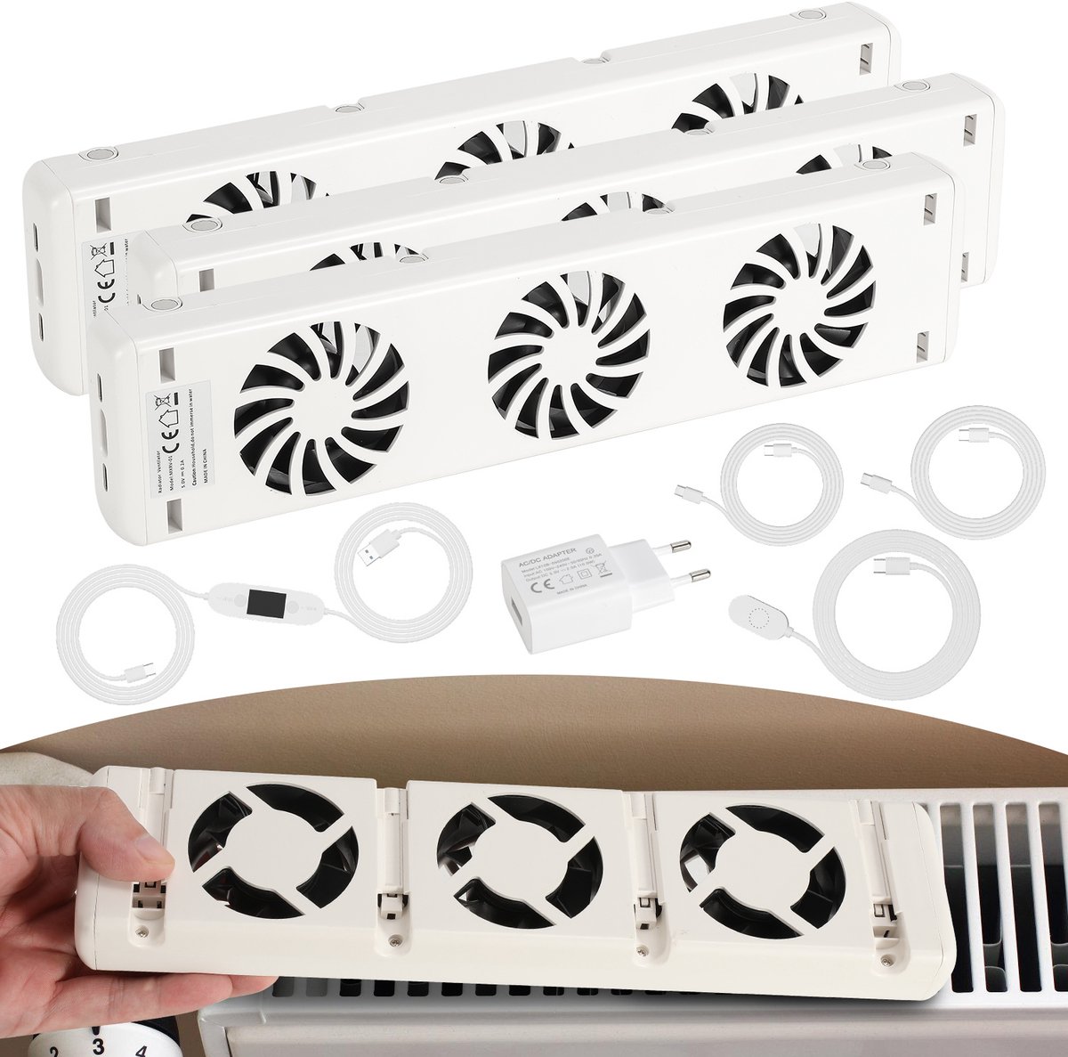 Radiatorventilator, 3 x 3 ventilatoren, thermostaat, tot 150 cm