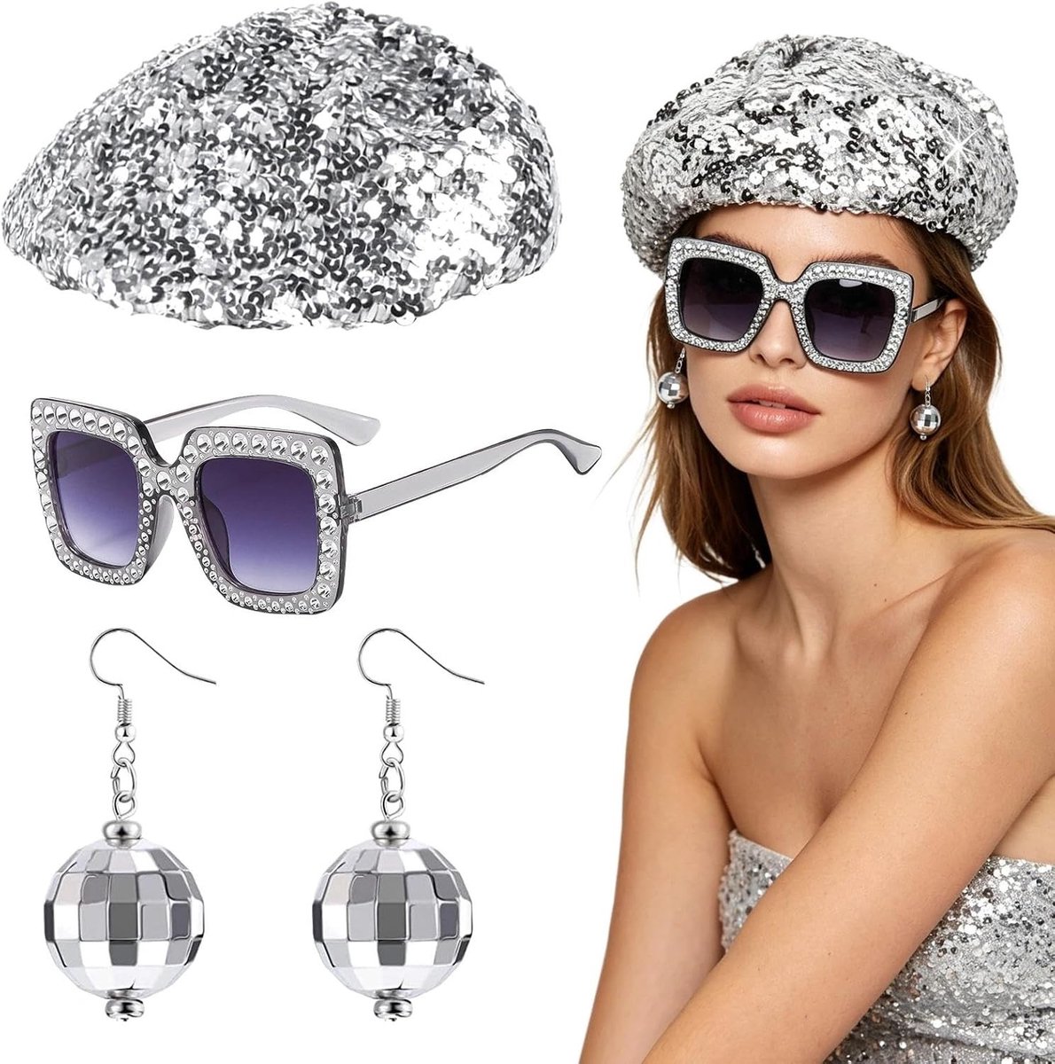 Disco Hoed voor Volwassenen - 3 Stuks 70s Glitter Kostuum met Sequins, Oorbellen en Retro Zonnebril voor Feest en Thema Avond