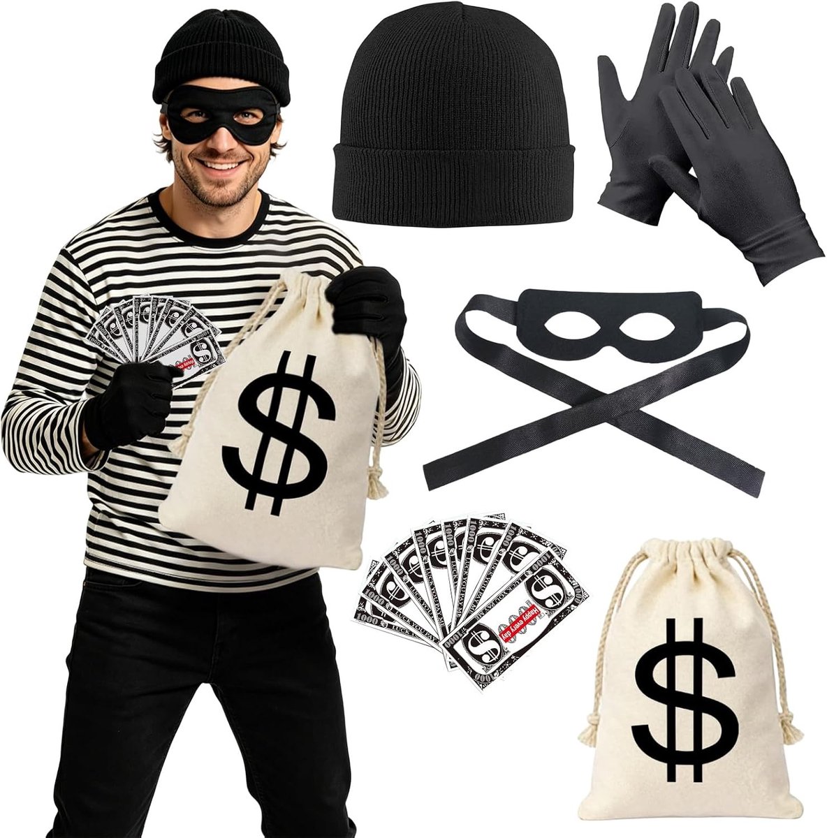 Complete 5-delige inbreker kostuumset voor volwassenen met hoed, oogmasker, handschoenen, canvas geldzak en nepgeld voor Halloween en carnaval