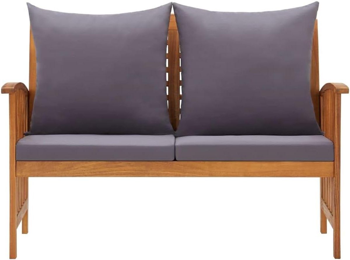 Houten tuinbank - Acaciabank met kussen - Ontspannen buiten zitten - Massief geolied hout - 119 cm breed - Grijs