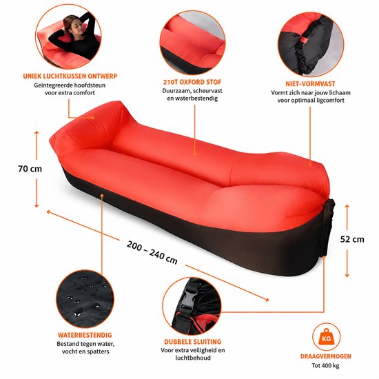 SanaVida - Opblaasbaar Luchtbed - Campingmatras - Slaapmat - Reisbed - Zelfvullend - Inclusief Draagtas - Oranje - 70x52x180 cm — afbeelding 4