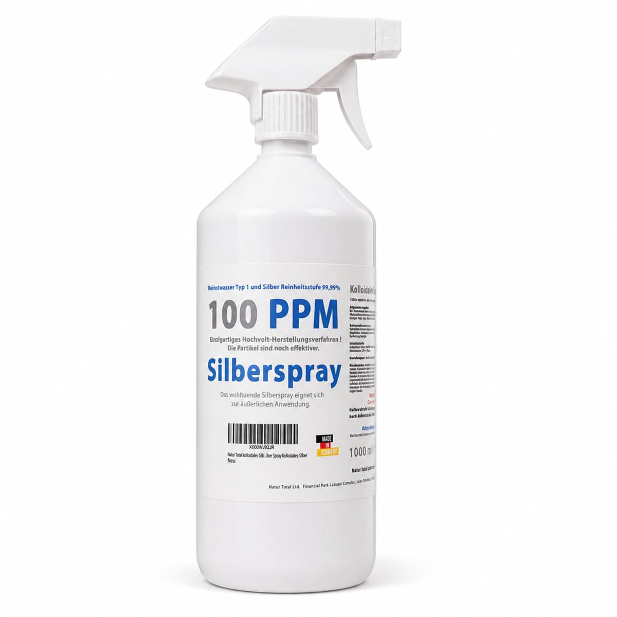 Natur Total Colloïdale zilverspray voor hond, kat en paard, 1000 ml met sproeikop, 100 PPM hoge dosering, zuiver water - ShopVlot