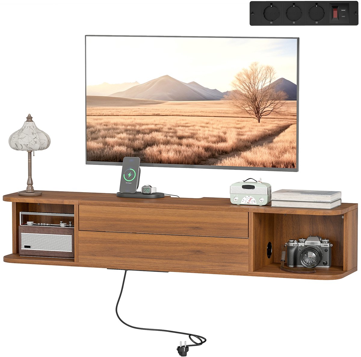 ECTEATOY® Zwevend Tv-meubel - Wandmeubel met Lade en Open Vakken - tot 50 Inch met Stopcontacten, USB en Type-C - 120x24x22,4 cm - Walnoot