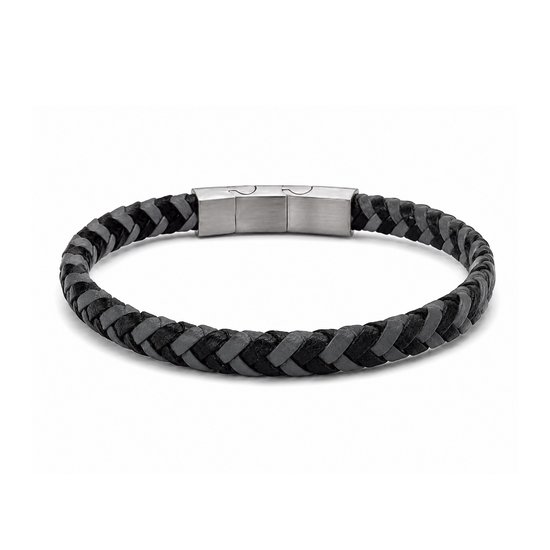 Gevlochten armband van zwart en grijs leer met een metalen magneetsluiting.