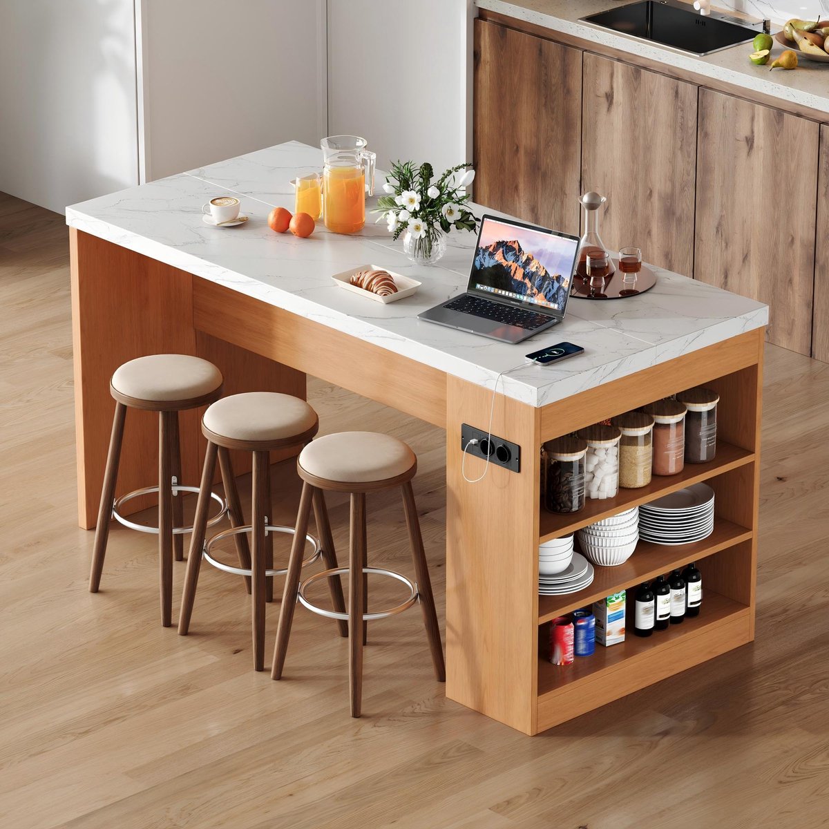 Clruro Keukeneiland - 155 x 80 x 90 cm - LED en Stopcontact - 40 mm Werkblad - MDF