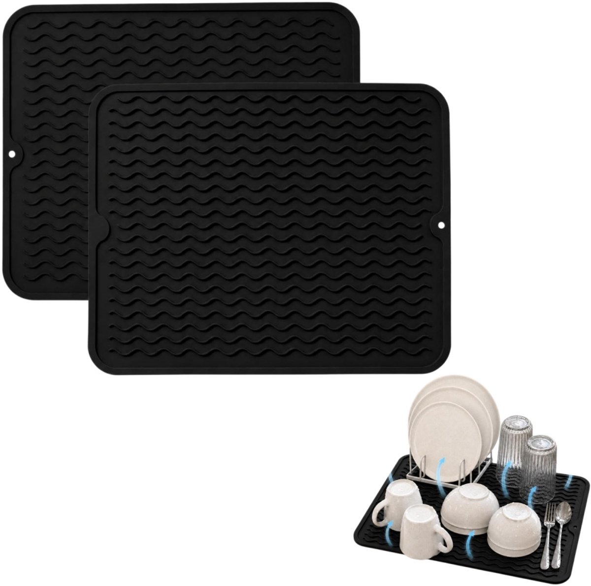 2 stuks - Afdruipmat - Warmte-isolerende mat - Spoelbakmat - Siliconen bestekmat - Afdroogmat - Antislipmat voor voerbak - Multifunctionele aanrechtmat - Antislip - Ophangbaar - Zwart - 40 x 30 cm - Geschikt voor bestek en keukengerei