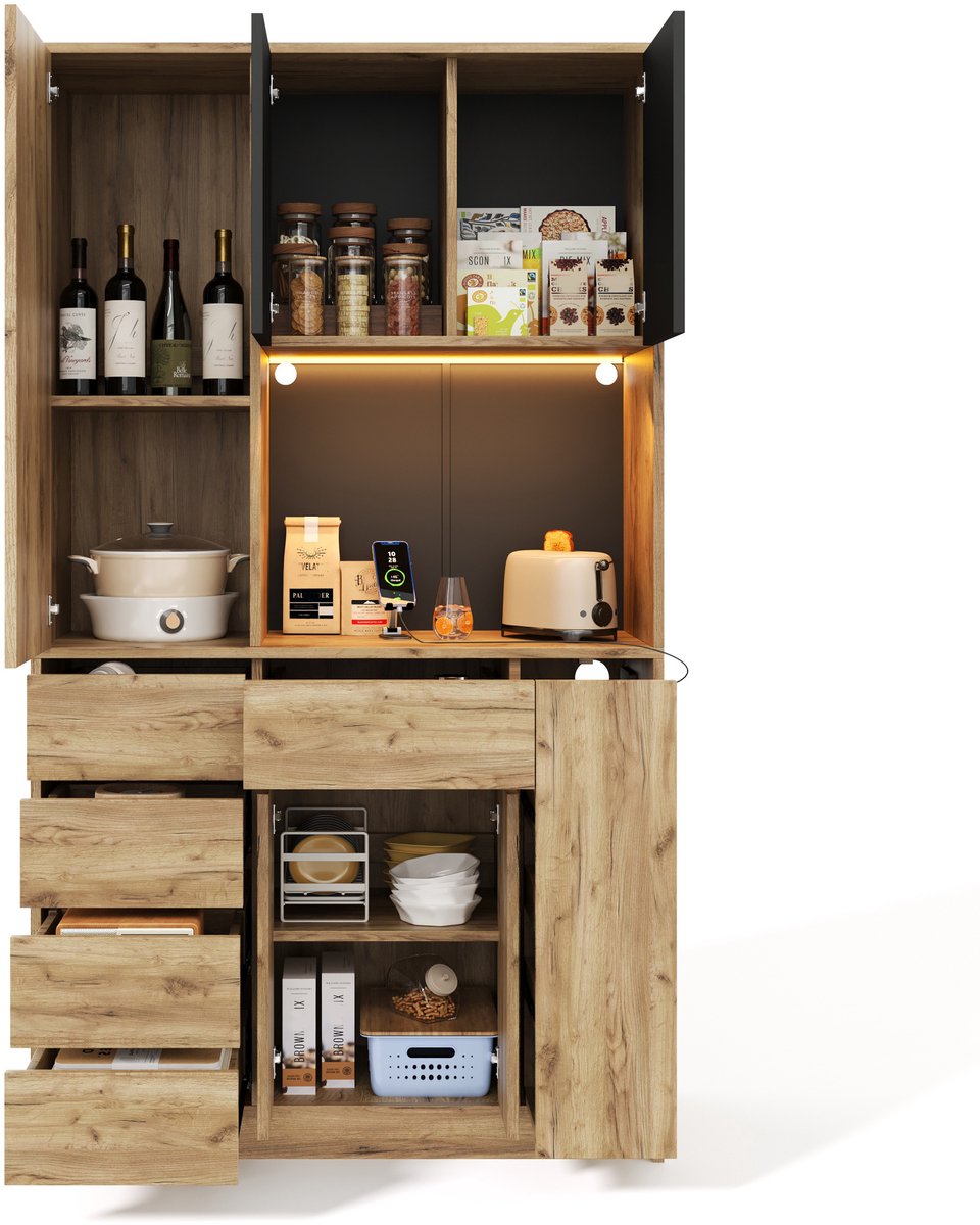 COVREO Keukenkast 185x105x40 cm black natural MDF, met LED en stopcontact