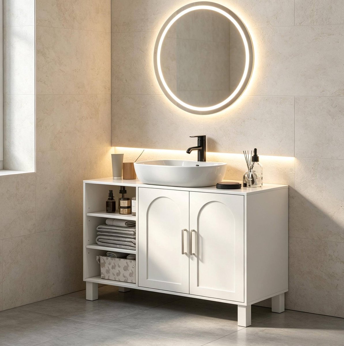OKWISH Badkamer Wastafelonderkast - Open Vakken en Dubbele Deuren - Voor Wandwastafel - MDF en Spaanplaat Creme - 90 x 30 x 63 cm