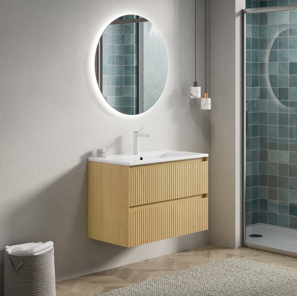 OKWISH Badkamermeubel - Hangend Wastafelmeubel Met Geintegreerde Keramische Wastafel - 75x39x51,5 cm - 2 Lades - Soft-Close - Houtlook Gouden Eik/Wit