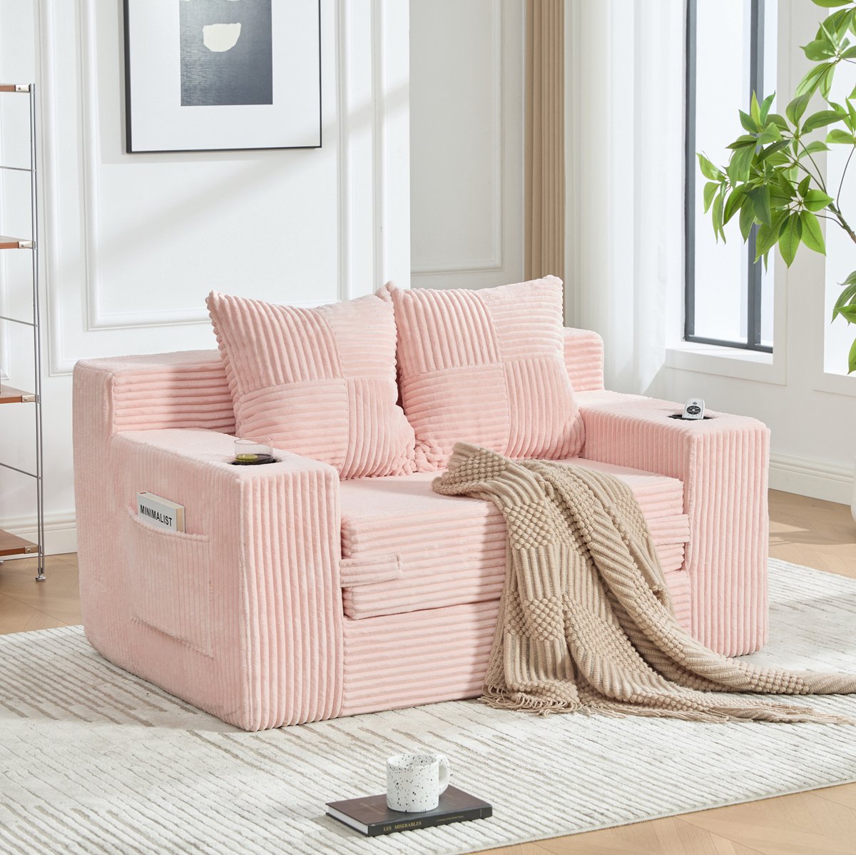 FloraGrace Slaapbank 2-Zits 151 Cm - Met 2 Kussens, Bekerhouder En Zijvak - Voor Woonkamer, Leeshoek Of Lounge - Corduroy - Pink