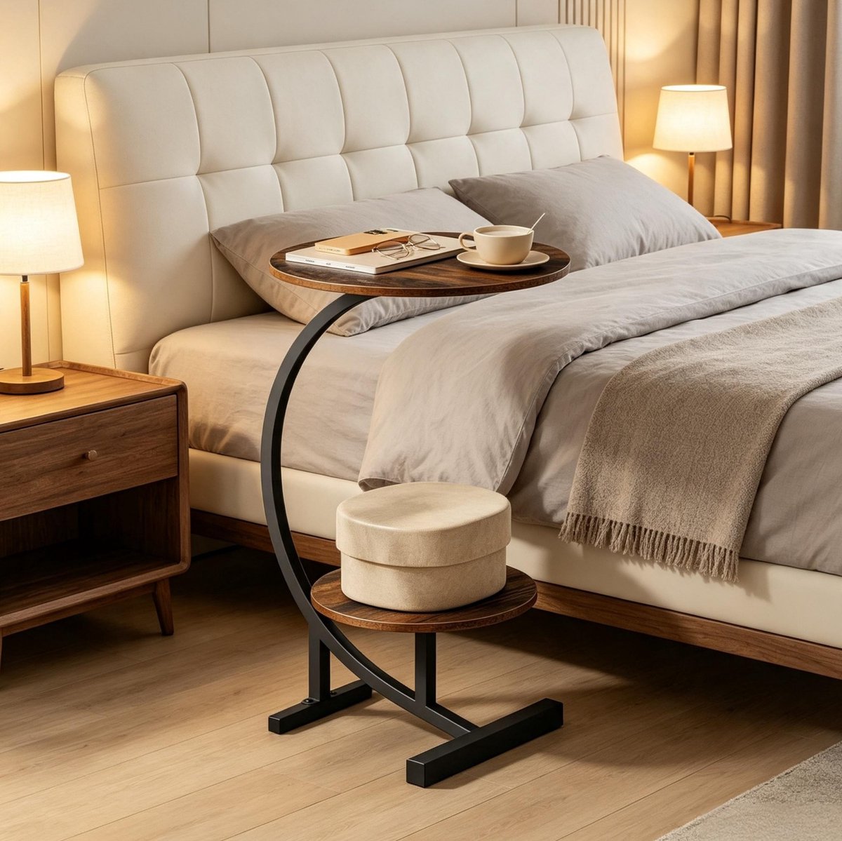 Bedtafel - Ronde Bijzettafel Met Dubbele Legplank En Stevig Frame - Voor Slaapkamer, Woonkamer En Balkon - MDF En Metaal - Rustiekbruin - 31x30x66 Cm