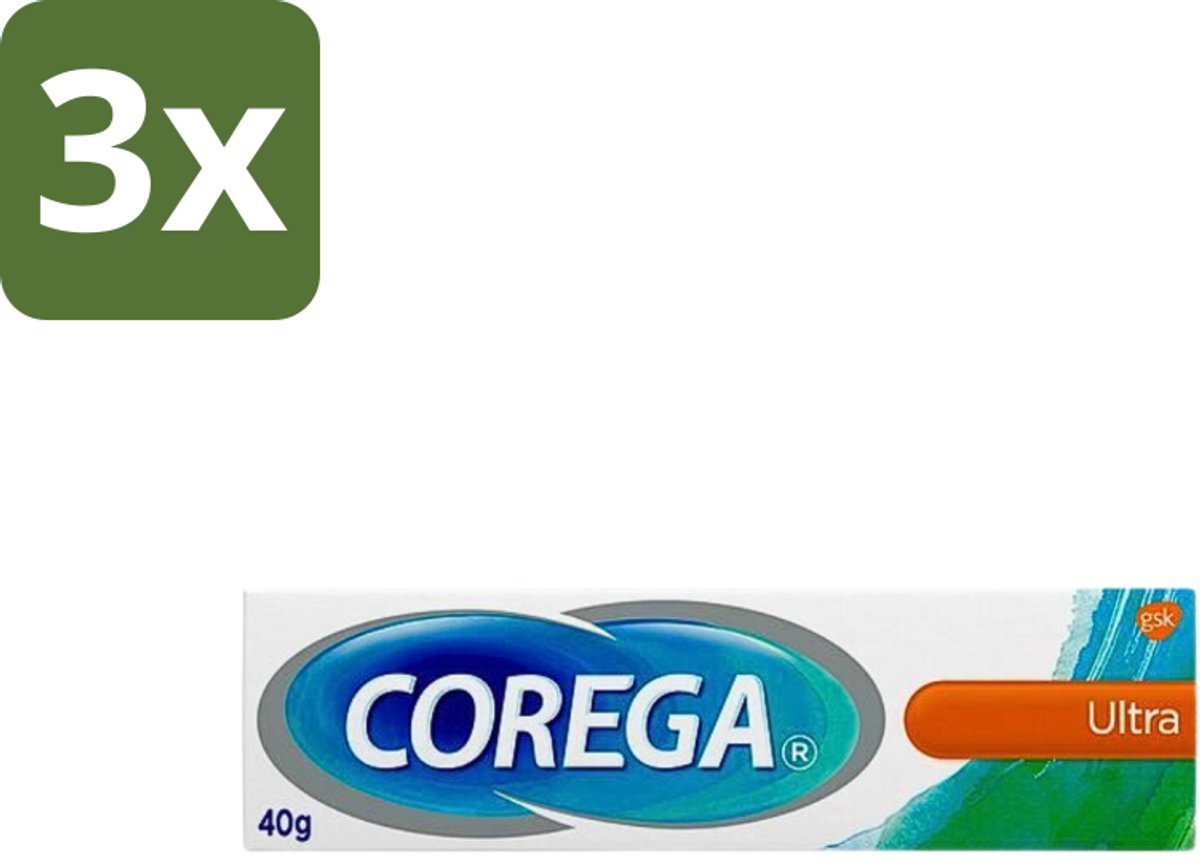 Corega Ultra Kleefcrème - Krachtig Houvast & Bescherming - Met Verfrissende Mintsmaak - 40g - Bulkverpakking - 3 stuks