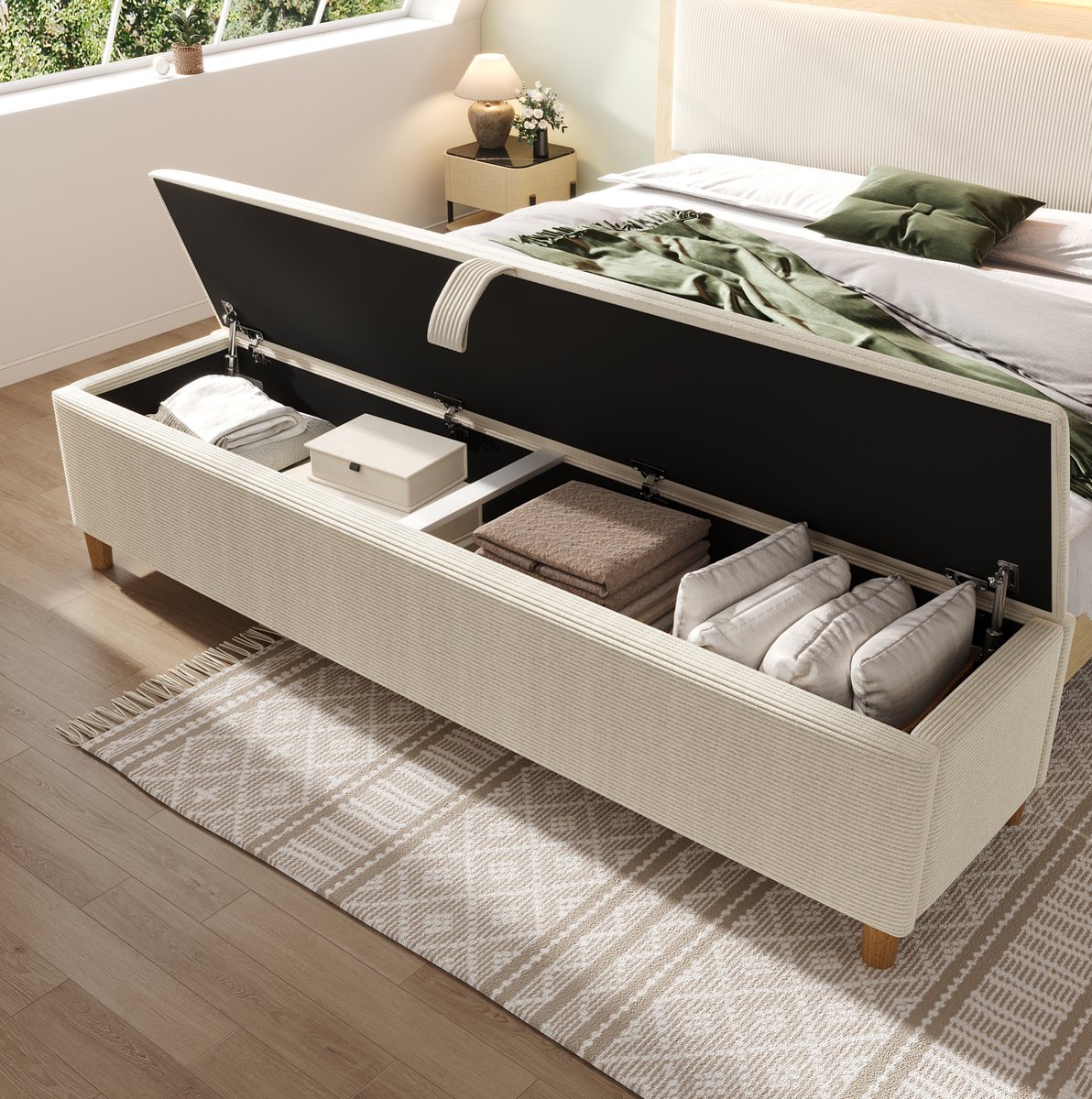 Wishdor Opbergbank 145 x 38 cm - Hydraulische opbergruimte - Gestoffeerde zitbank voor slaapkamer woonkamer hal entree - Cordlook - Beige - Hout MDF - 145 x 38 x 46 cm