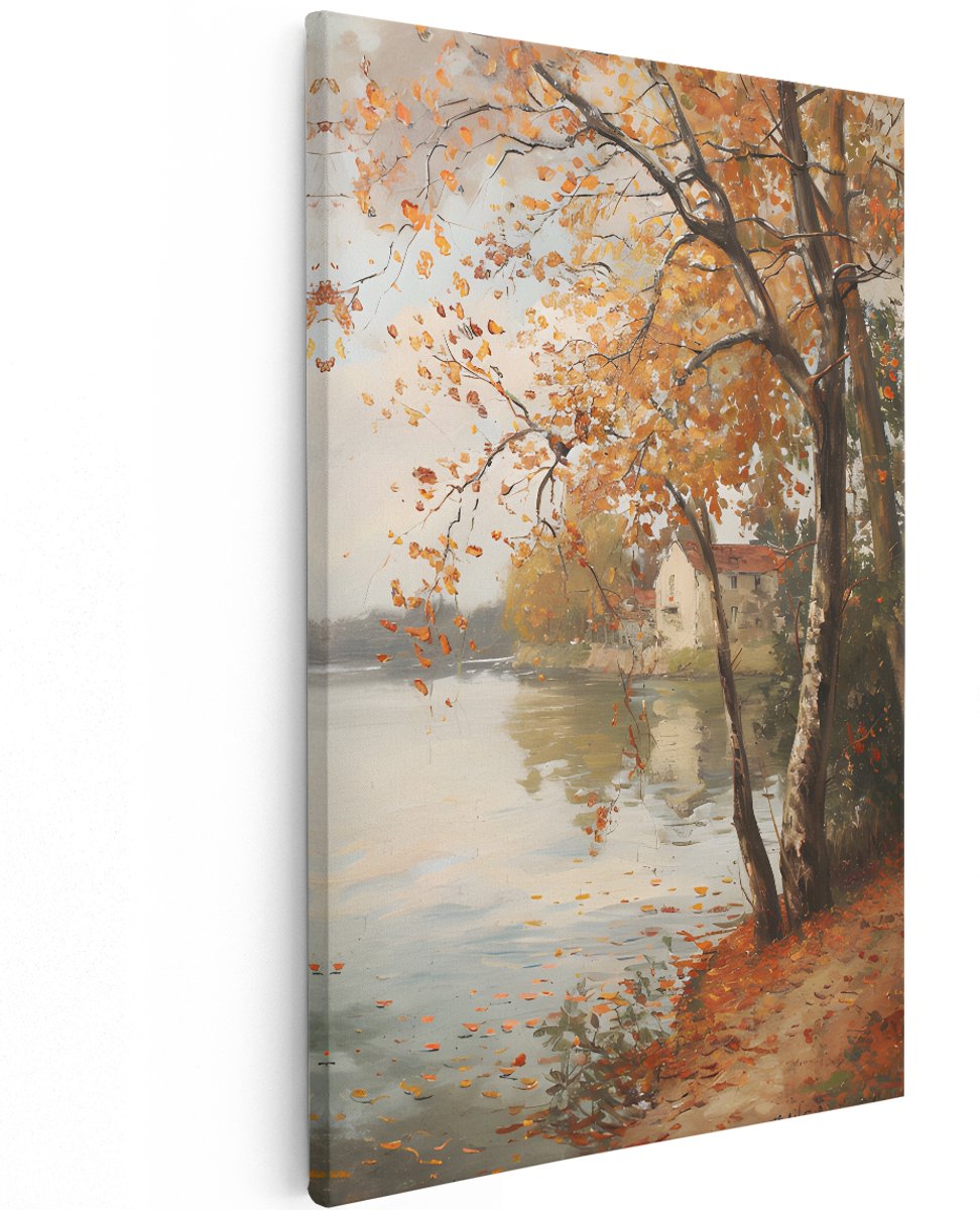 Artaza Canvas Schilderij Herfstlandschap - 100x150 cm - Groot - Wanddecoratie Landelijk Meer - Muurdecoratie Natuur - Decoratie Oude Meesters Boom