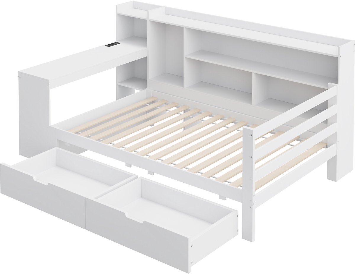 MEUNIQ slaapbank 90 x 200 cm met bureau, boekenrek, open vakken, 2 lades en stopcontact met USB, multifunctioneel houten bed voor slaapkamer of studentenkamer, wit