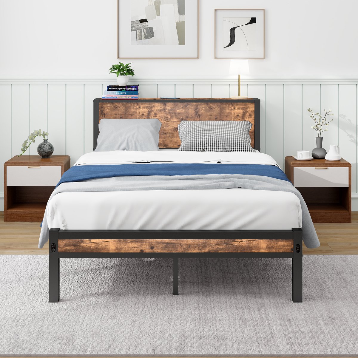 MEUNIQ metalen bedframe 120x200 cm met MDF hoofdbord en voetbord, 13 latten, 27 cm opbergruimte onder bed, eenpersoonsbed voor slaapkamer, antiekbruin