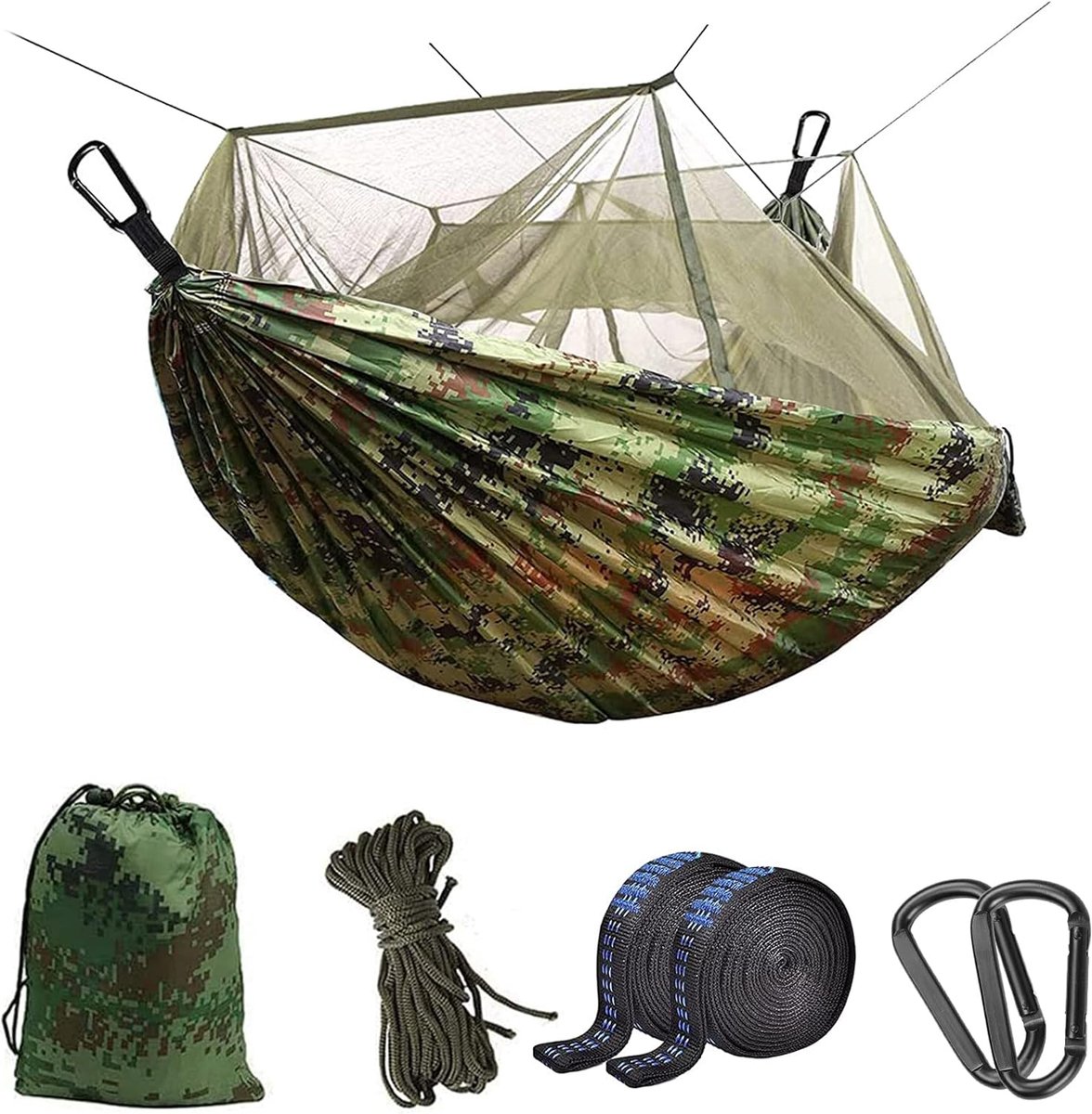 Kampeerhangmat met klamboe - Reishangmat tweepersoons - Buiten ontspannen - Ultra lichtgewicht - 210T nylon - Camo