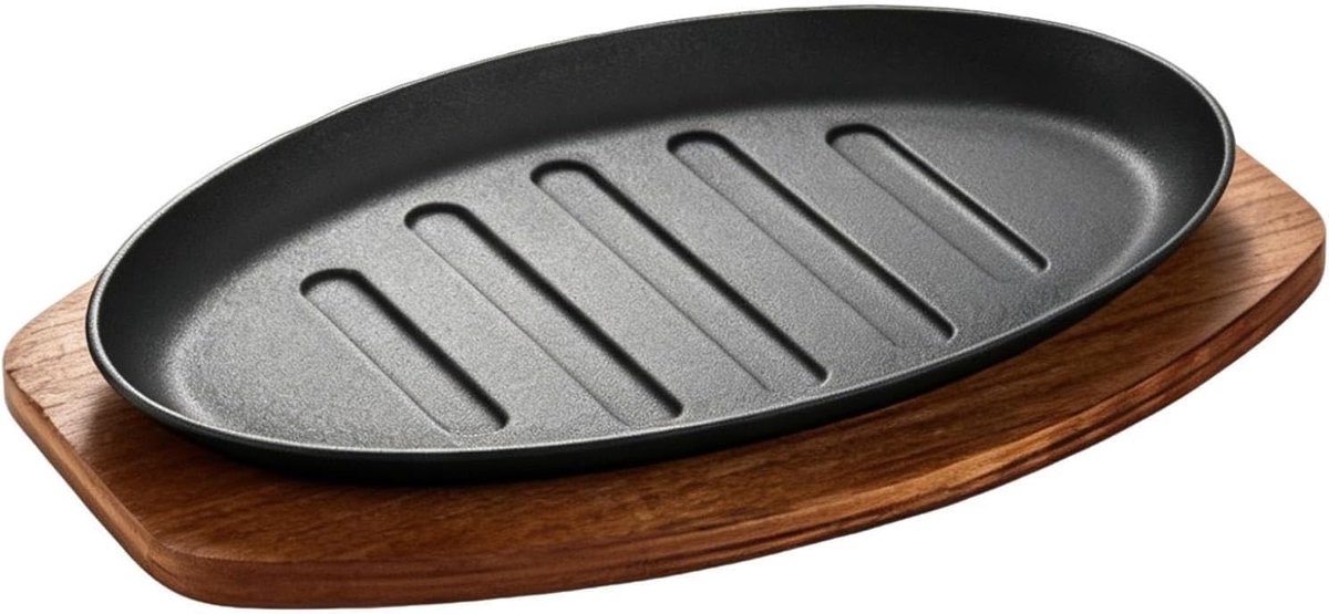 Ovale Serveerpan Gietijzeren Grill Maaltijden Bereiden Efficiënte Warmtegeleiding 25 cm Zwart