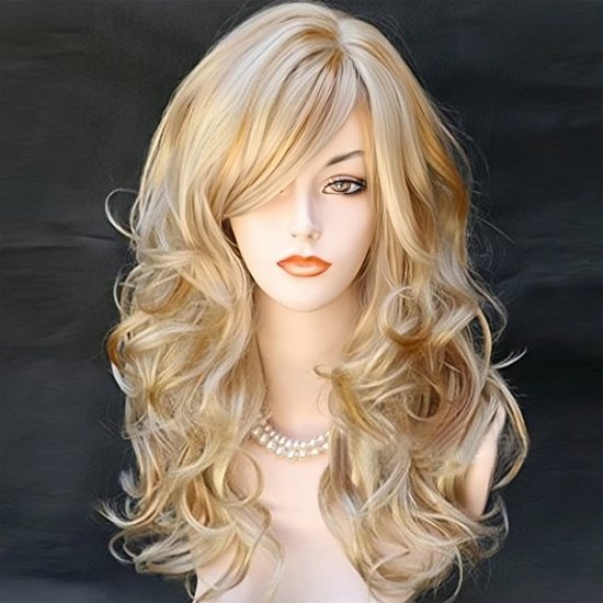 Lange, golvende blonde pruik met highlights, met pony opzij gedragen.