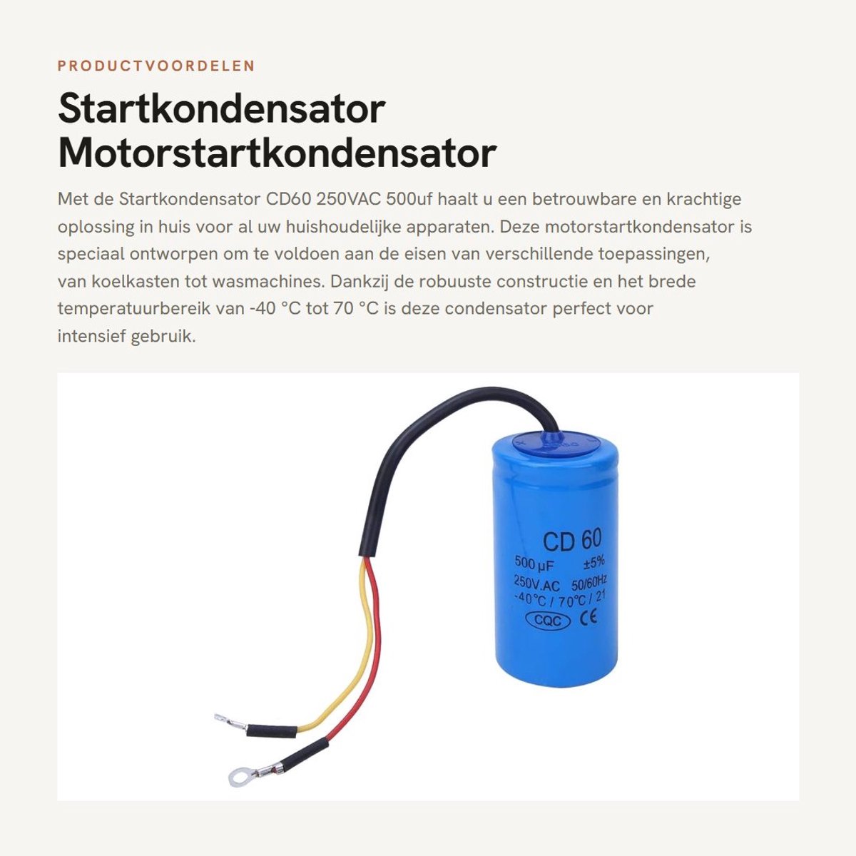 Dailygoods- Startkondensator 500µF - Motorstartkondensator - 250VAC -40°C/70°C - Schokbestendig - Geschikt voor huishoudapparaten - Motorcondensator
