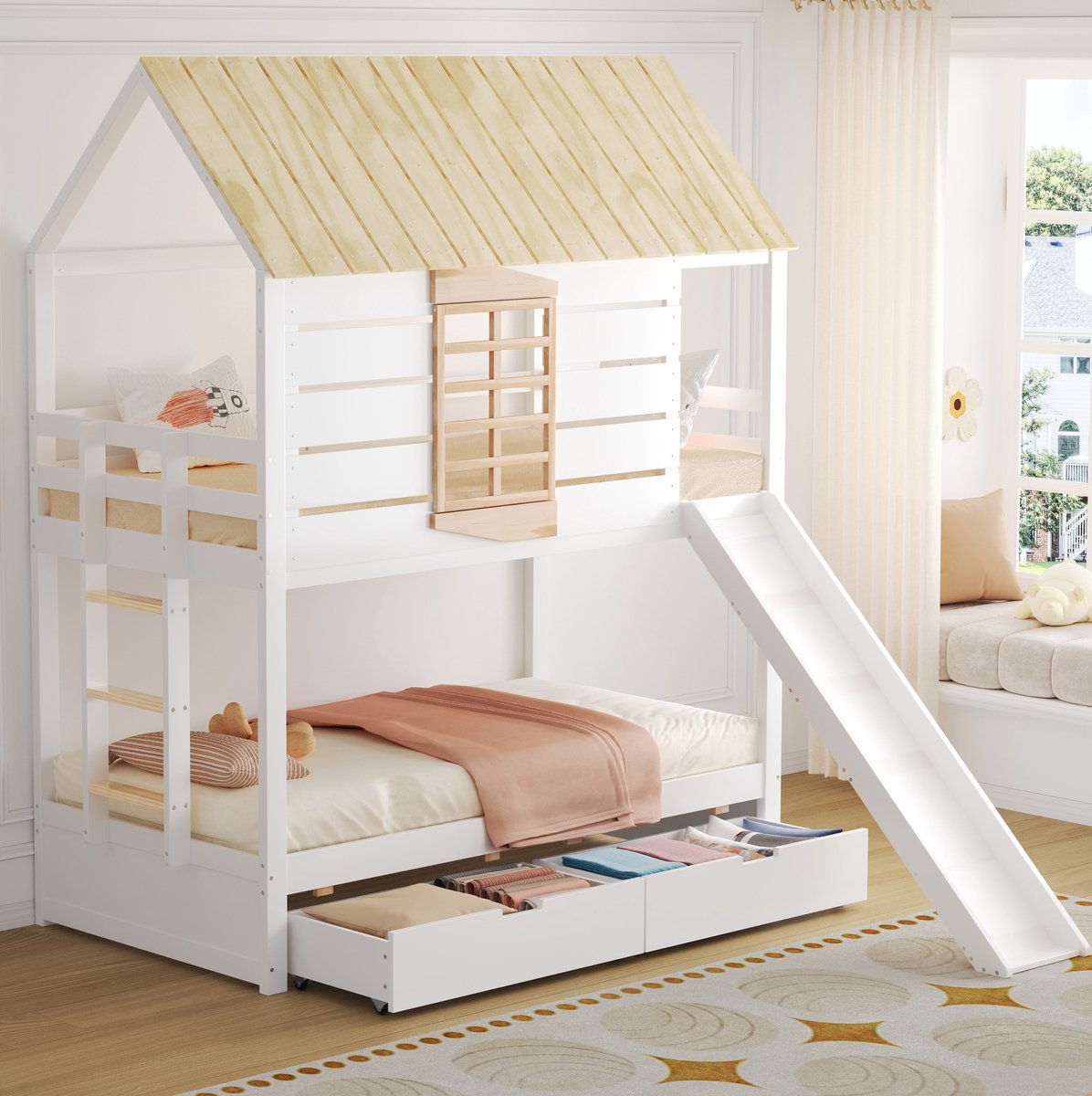 MEUNIQ stapelbed 90x200 cm in huisvorm met glijbaan, ladder en 2 lades, kinderbed met uitvalbeveiliging voor de kinderkamer, wit en naturel