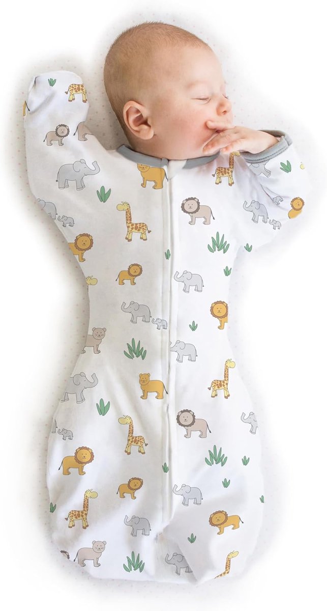 Baby Slaapzak - Inbakerdoek baby - Betere slaap - Armen omhoog - 0-3 maanden - Safari print