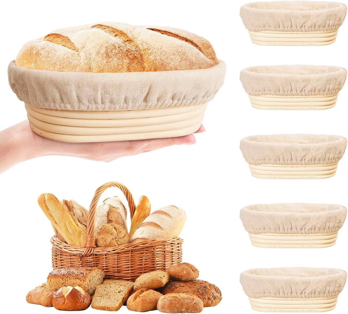 Ovaal rijsmandje - Broodbak mandjes - Deeg laten rijzen - Natuurlijk rotan materiaal - 6 stuks 15 cm - Naturel